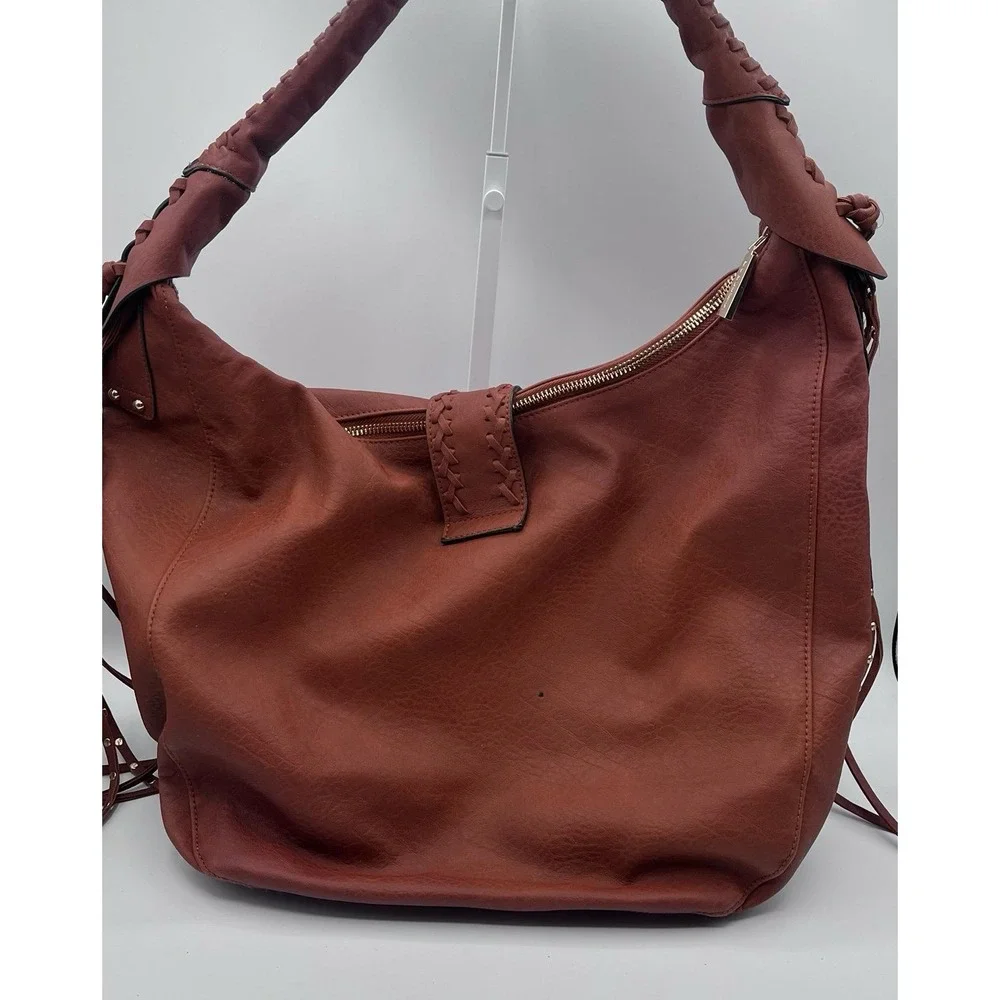 Big Buddha Faux Leather Hobo Bag Brown Boho Ring Tassel Braided Strap Large - Picture 4 of 9